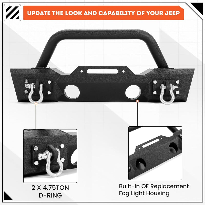 Stubby Front Bumper Compatible With 2007-2024 Jeep Wrangler JK JL Gladiator JT W/Fog Light Housing & D-rings Steel Powder Coated Black LYAM-295V