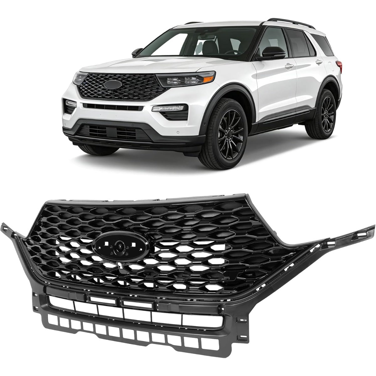 Front Grill Compatible with 2020-2024 Ford Explorer Replacement for LB5Z8200GC FO1200659 Front Bumper Painted Grille Gloss Black Plastic(ABS)