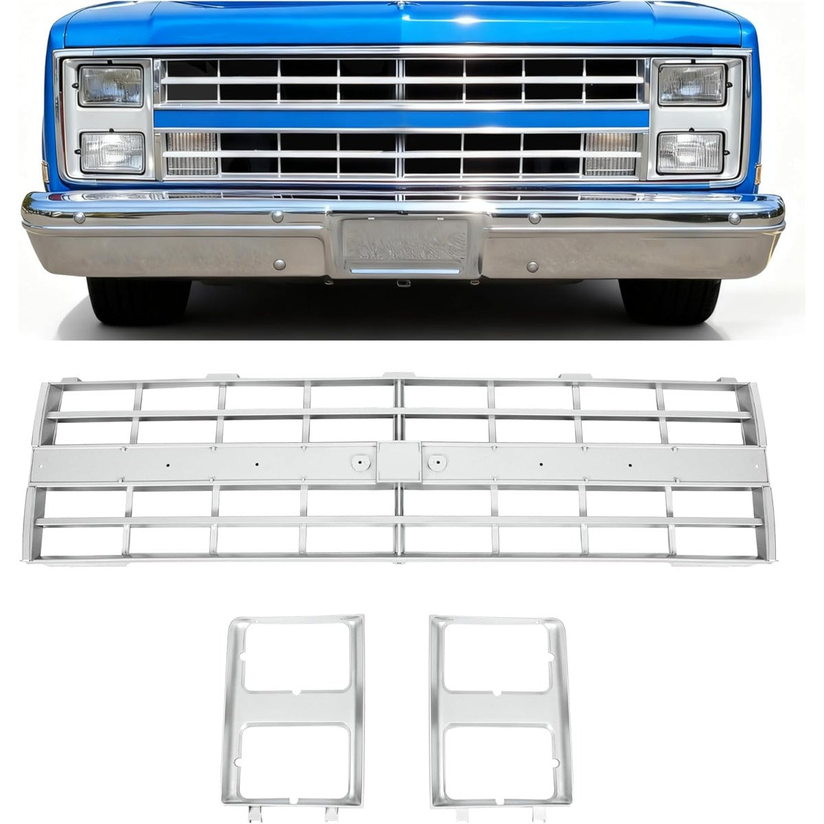 Front Grille Grill & Headlight Bezel Compatible with 1985-1988 Chevy C10/C20/C30/K5/K10/K20/K30/R10/R20/R30/V10/V20/V30 Blazer Suburban 15598727 15598728 GM1200140 GM2513126 Chrome