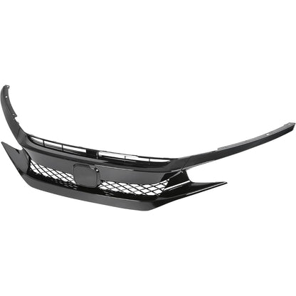 Front Bumper Mesh Grille Compatible with 2019-2021 Honda Civic Type R Style Replacement for 71125-TEY-Y01, 71121-TBA-A51, HO1200241 Glossy Black Hood Mesh Grill w/ 2Pcs Eyebrows ABS Plastic