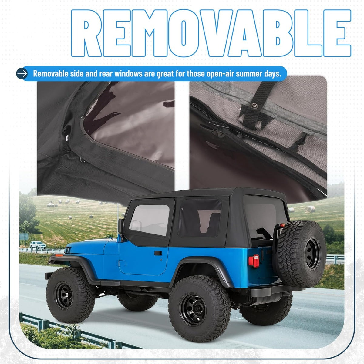 Convertible Soft Top Kit for 1987-1995 Jeep Wrangler YJ Black Soft Roof w/Upper Half Doors and Tinted Plastic Windows & Aluminum + Steel Mounting Frames Complete Replacement