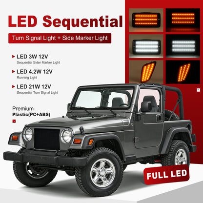 HECASA Pair LED Turn Signal and Side Marker Light Compatible with 1997-2006 Jeep Wrangler TJ Smoke Lens Plastic Front Bumper Signal Fender Light 4 Pieces
