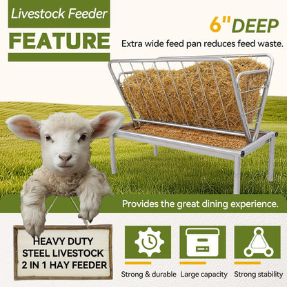 Kojem 4 Ft Long Livestock Feeder, Heavy Duty Steel Livestock 2 in 1 Grain &