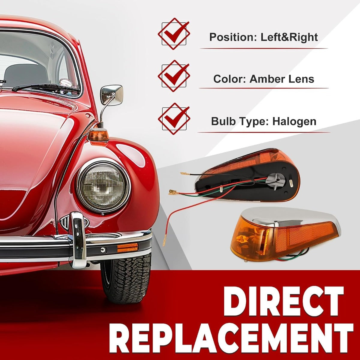 HECASA Pair Turn Signal Lights Compatible with 1970-1979 VW BUG Volkswagen Super Beetle Thing Halogen Front Turn Signal Lamp w/Bulbs Amber Lens Left&Right Side