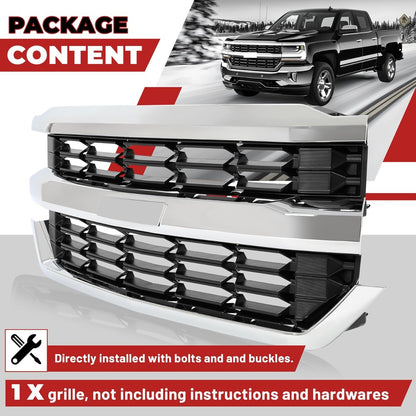 Upper Grille Compatible with 2016-2019 Chevy Chevrolet Silverado 1500 Replacement for GM1200753 84602489 84374378 Front Bumper Grill Silvery+Black
