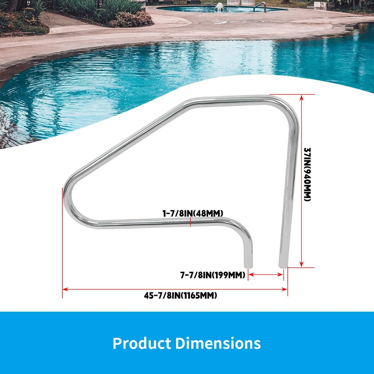 HECASA Pool Handrail Grab Rail Railing 37" x 45.8" Swimming Pool Hand Rail Inground Pool Stair Rail Safety Rail Entry Rail Handle Pool Grab Ladder 304 Stainless Steel W/O Anchors