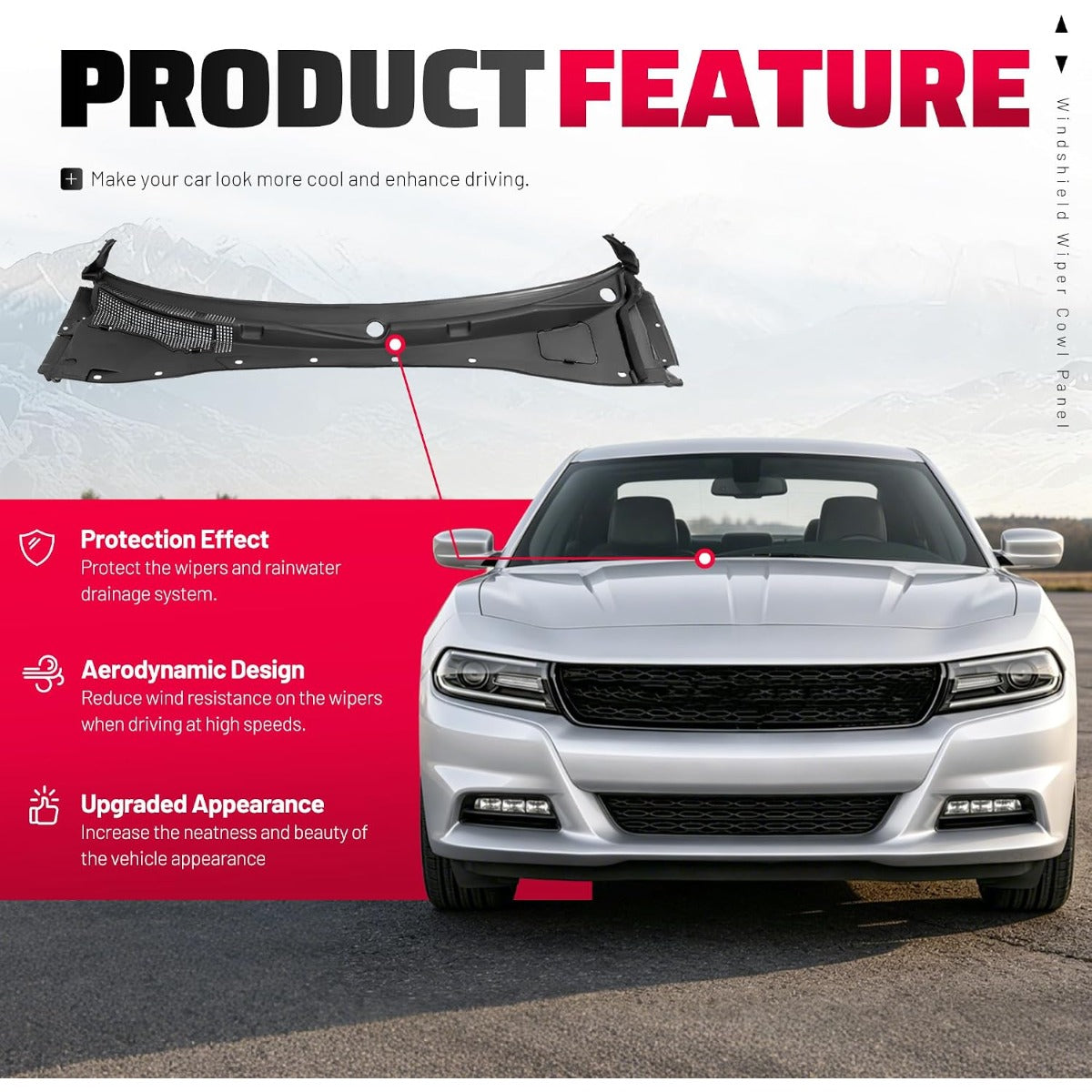HECASA Windshield Wiper Cowl Panel Compatible with 2012-2023 Dodge Charger Replace for 57010314AI 57010314AE 57010314AF 57010314AG 57010314AH Window Cowl Vent Panel Plastic(PP) Unfinished Black