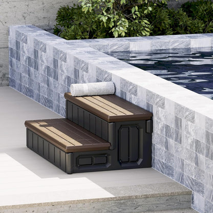 Universal Spa Hot Tub Step with Storage Outdoor Indoor Compartment Spa 2-Step Stool Pool Ladder Plastic Handi Step Slip Resistant Striped Brown+Black LYOP-107-1