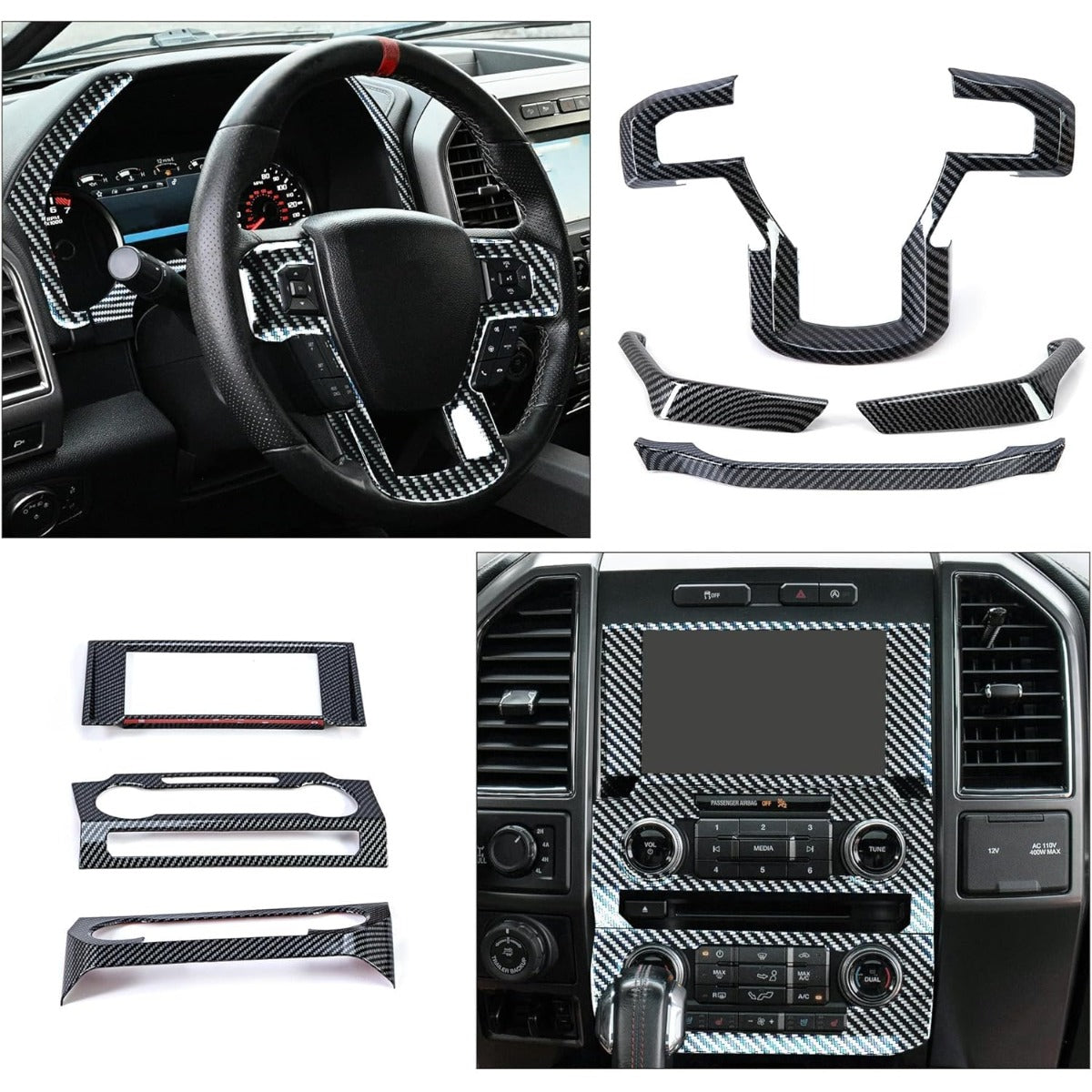 Kojem Interior Center Console Dashboard Trim Compatible with 2015-2020 Ford F150 Steering Carbon Fiber Style Wheel Trim & Navigation Panel Cover