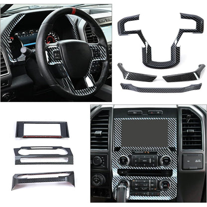 Kojem Interior Center Console Dashboard Trim Compatible with 2015-2020 Ford F150 Steering Carbon Fiber Style Wheel Trim & Navigation Panel Cover