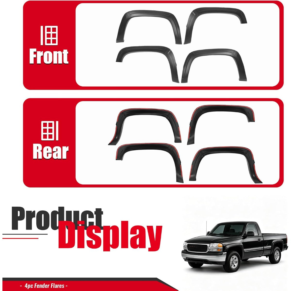 Fender Flare Compatible with 1988-2000 Chevy&GMC C/K 1500 2500 3500 | Front & Rear 4Pcs Wheel Arch Cover Protector Set Plastic(PP) Textured Black