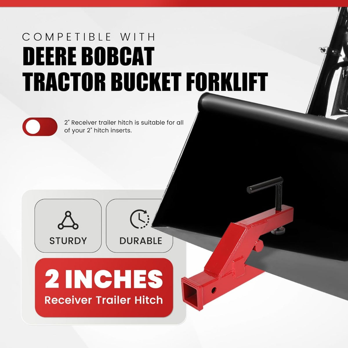 Clamp On Trailer Hitch 2 Inches Ball Mount Receiver Adapter Bucket Trailer Hitch Competible with Deere Bobcat Tractor Bucket Forklift LYOM-036
