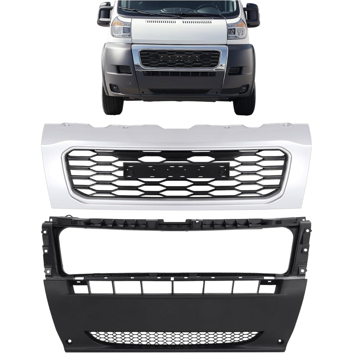 Front Bumper Center Lower Cover Assembly & Grille Compatible with 2019 2020 2021 Ram Promaster 1500 2500 3500 Replacement For 1ZT90JXWAB CH1000A52, CH1202111 PP+ABS Plastic