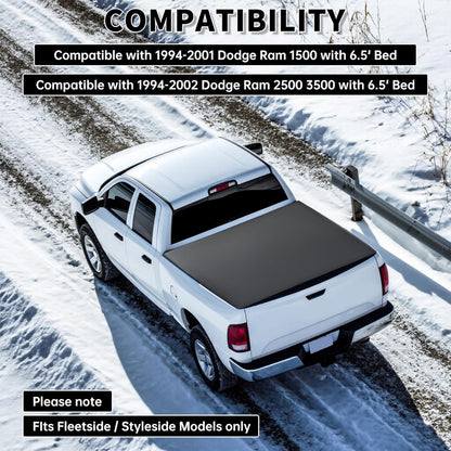 Soft Roll-Up 6.5ft Tonneau Cover Compatible with 1994-2002 Dodge Ram 1500 2500 3500 with 6.5' Bed Truck Fits Fleetside Styleside Models Only Trunk Bed Cover Black Powder Coated