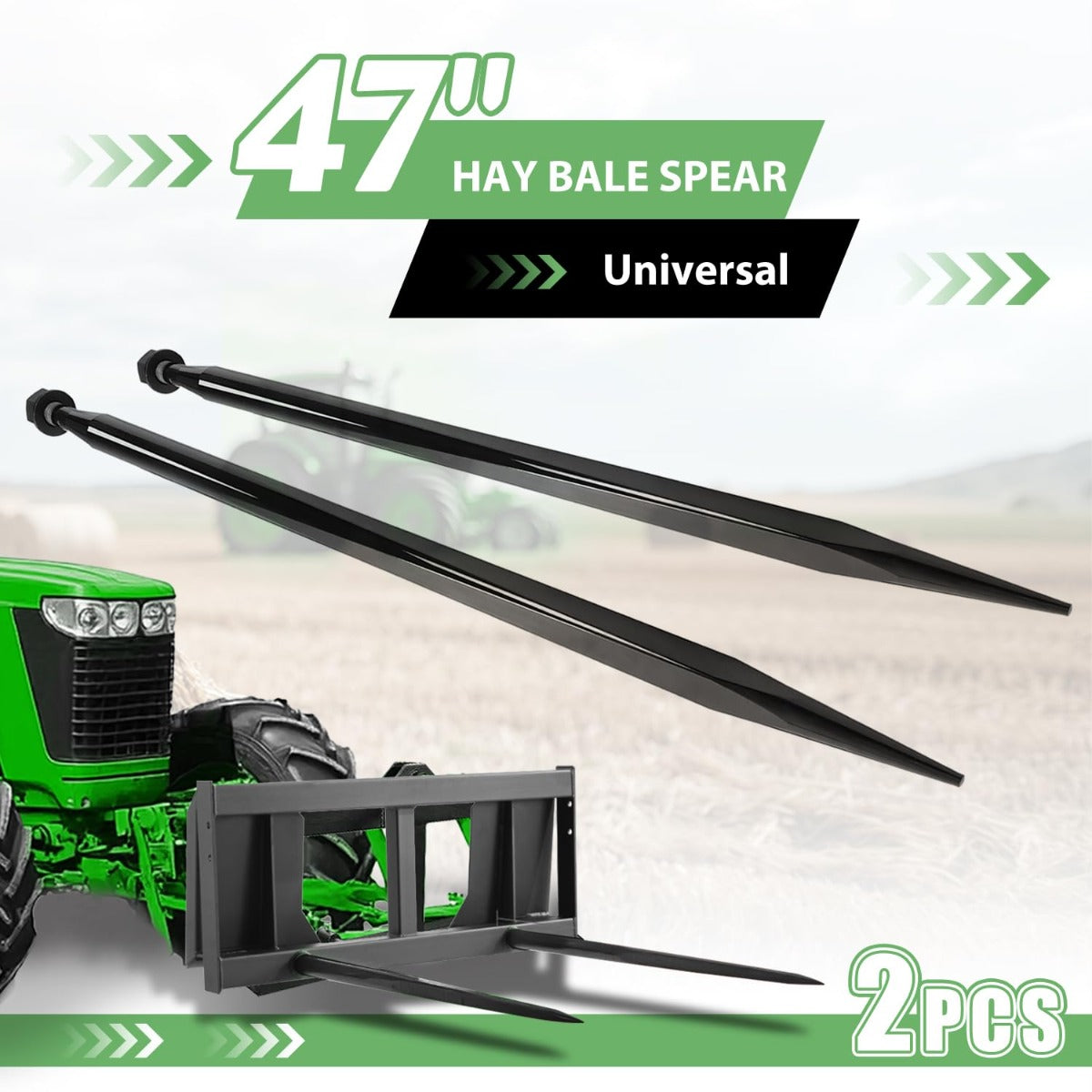 47 Inches Hay Bale Spear Pair 3000 lbs Capacity Fit for Skid Steer Tractors Loaders Buckets Cranes Bale Quick Attach Spike Forks Black Steel Powder Coated