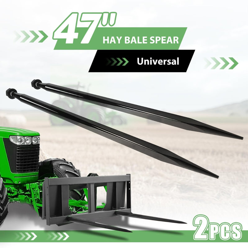 47" Hay Bale Spear Pair 3000 lbs Capacity Fit for Skid Steer Tractors Loaders Buckets Cranes Bale Quick Attach Spike Forks Black Steel Powder Coated