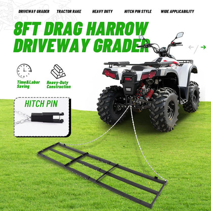 8FT Drag Harrow Driveway Grader Heavy Duty Tow Behind Drag Lawn Leveling Rake for UTV ATV Tractor Mower Land Leveler Lawn Leveling Rake W/ 6FT Chain (Black)