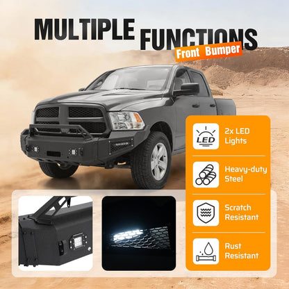 ALMULOO Front Bumper Compatible with 2009-2012 Dodge Ram 1500 w/Winch Plate, LED Lights & Bull Bar Steel Powder Coated(2 Packages)