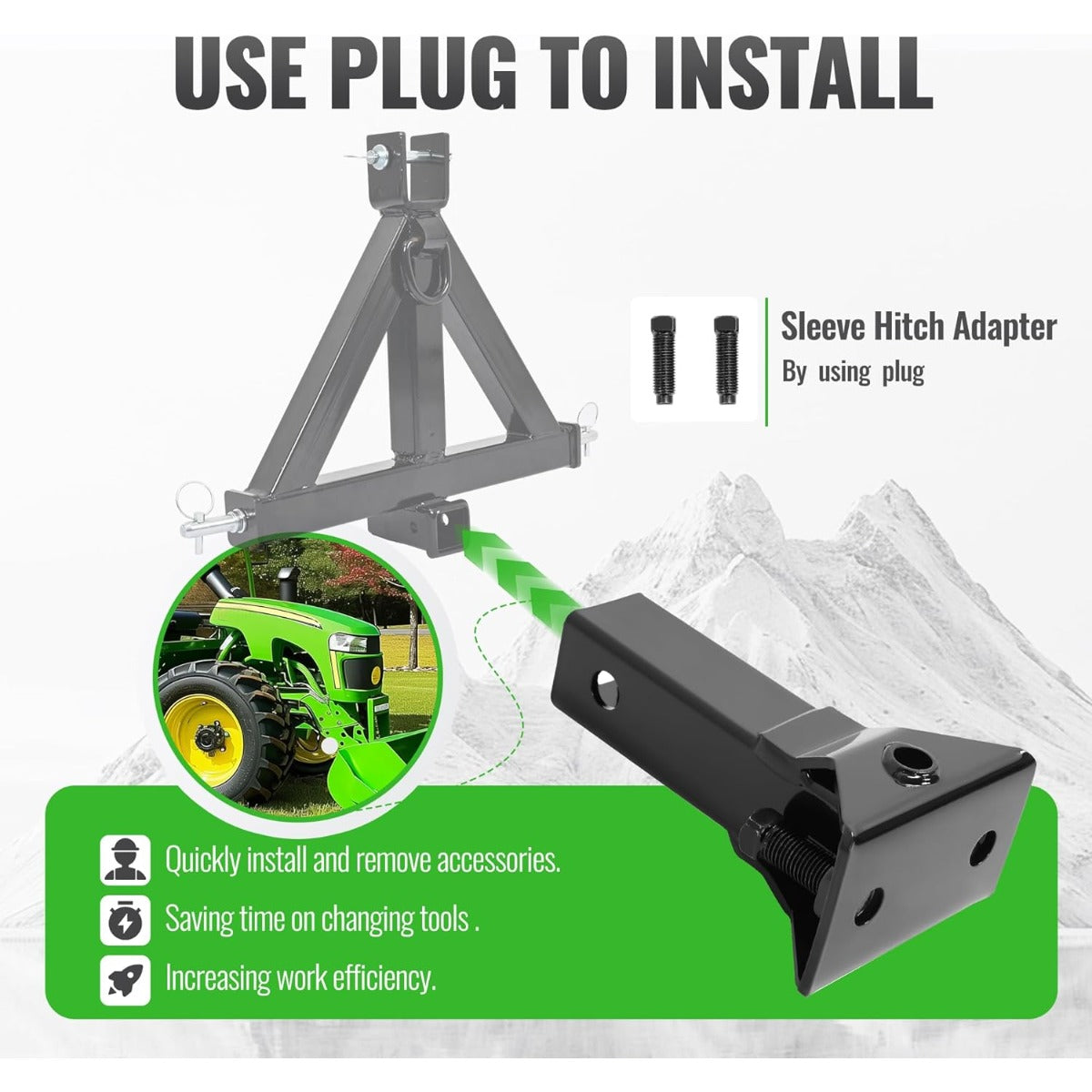 Sleeve Hitch Adapter for 2 Inches Receiver Compatible with 3-Point Hitch Sub-Compact Tractor Steel Lawn Garden Farm Tractor Hitch Adapter Black