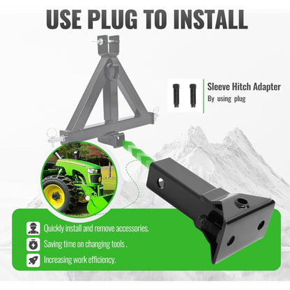 Sleeve Hitch Adapter for 2 Inches Receiver Compatible with 3-Point Hitch Sub-Compact Tractor Steel Lawn Garden Farm Tractor Hitch Adapter Black