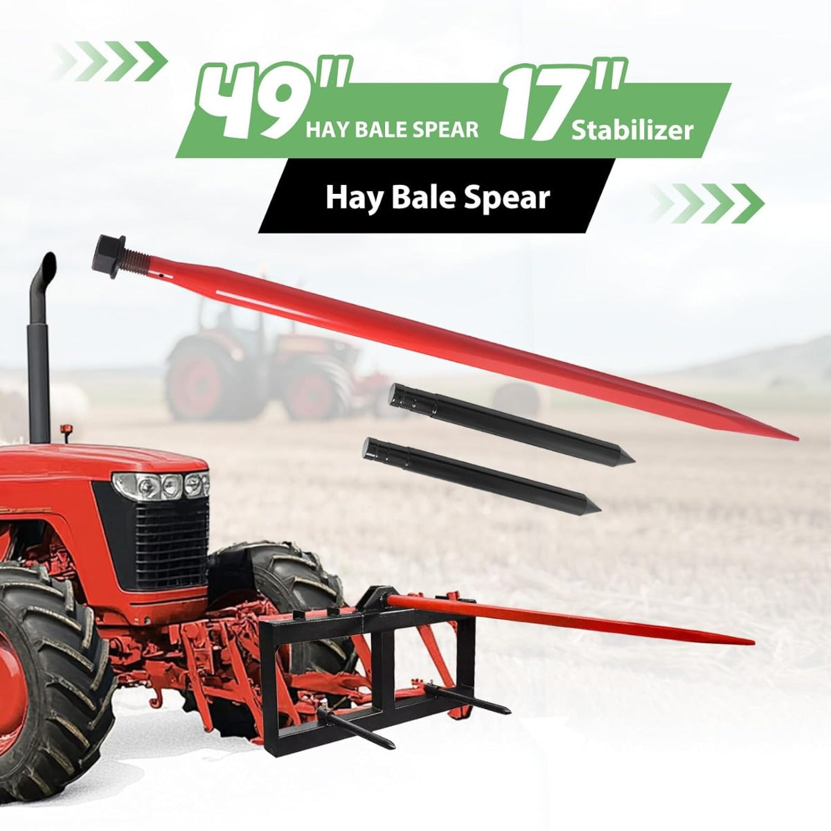 49 Inches Hay Bale Spear 3000 lbs W/Stabilizers Pair Fit for Skid Steer Tractors Loaders Hay Bale Forks Tractor Attachment Quick Attach Spears 3PCS Red Steel