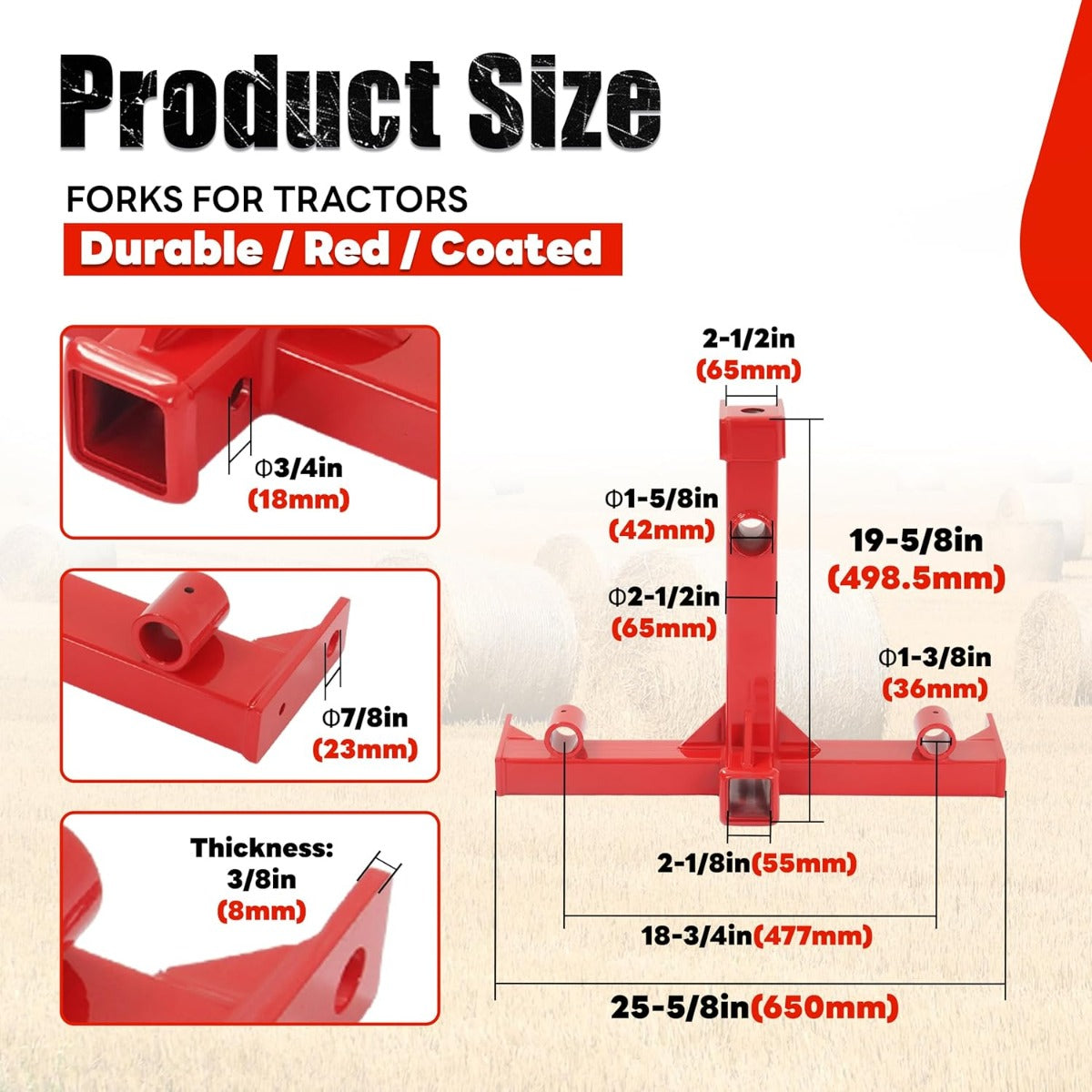 47 Inches 3 Point Hitch Adapter & Hay Bale Spear Fit for Category 1 Tractors W/2 Stabilizers Bale Spear 2 Inches Receiver Loading 1-7/8 Inches Gooseneck Ball Drawbar Hay Quick Hitch Attachment-Red 1200 LBS