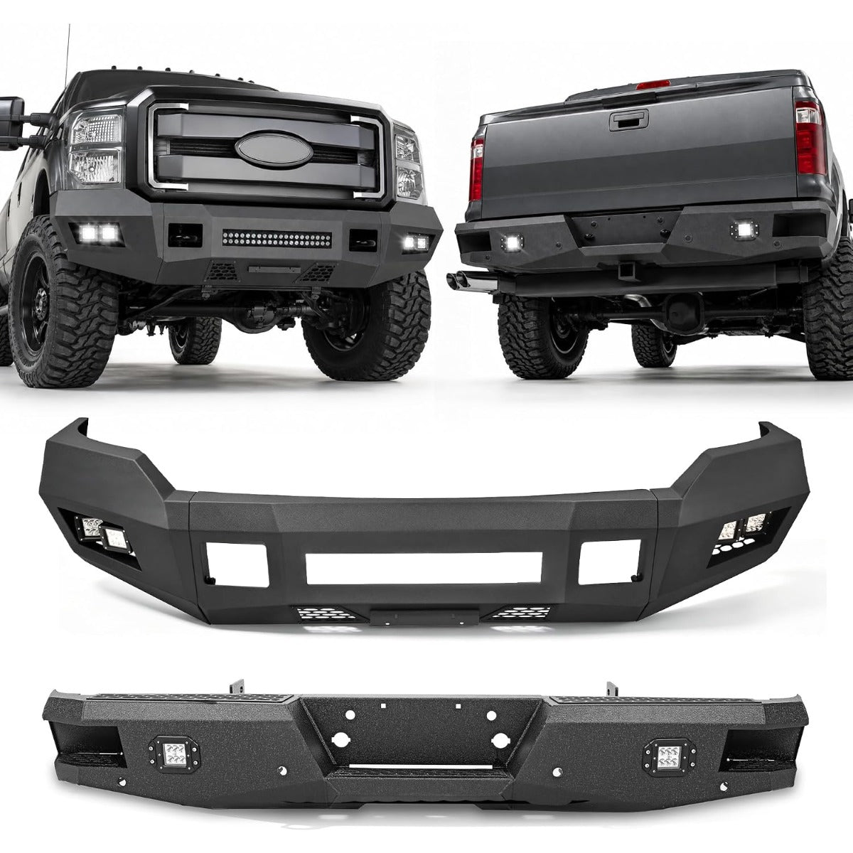 ALMULOO Front & Rear Bumper Compatible With 2011-2016 Ford F250 F350 with 6 LED Lights Bumper Assembly Black Steel Powder Coated