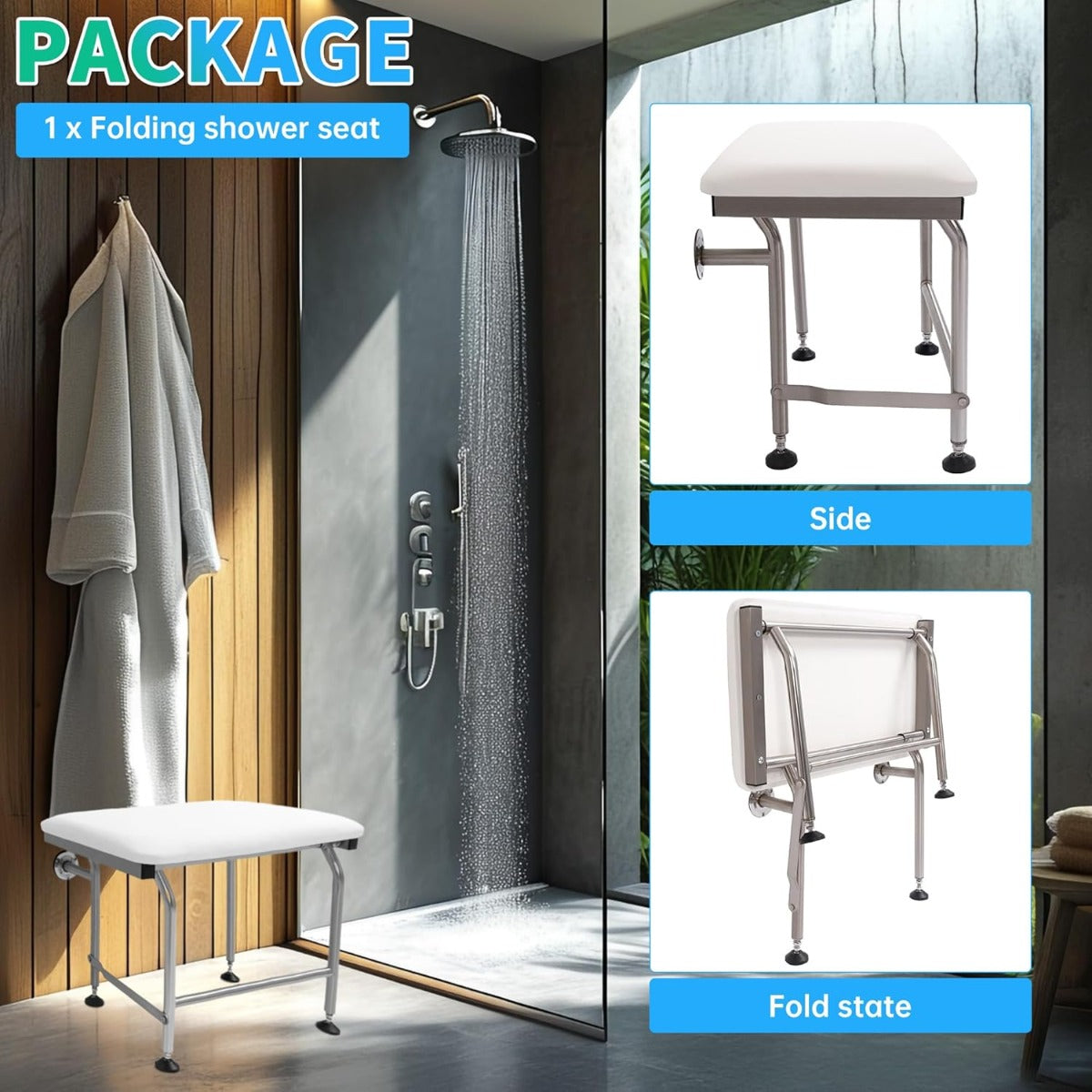 26 Inches x14.5 Inches Folding Shower Seat Wall Mount W/304 Stainless Legs, Adjustable Height Fold Down Bench for Bathroom, Wall Mounted Shower Stool Chair for Elderly Seniors Pregnant Disabled 600LBS LYOM-289