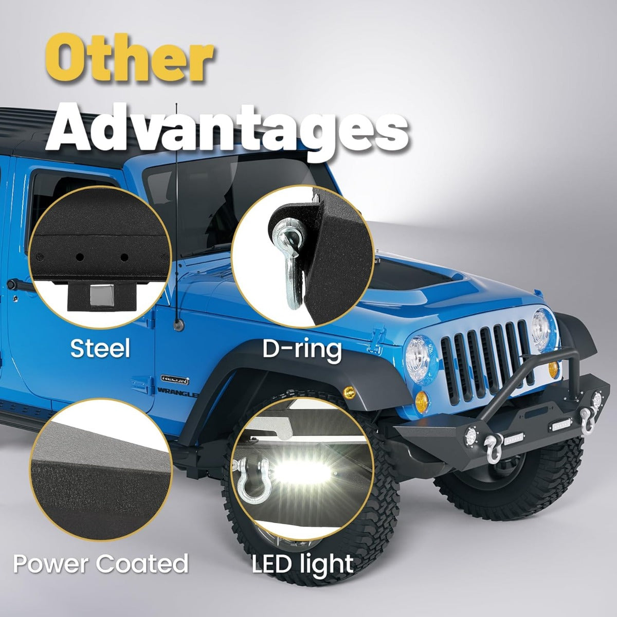 Front Bumper Compatible with 2007-2025 Wrangler Unlimited JL/JLU & Gladiator JT, 2007-2018 JK Front Bumper Rock Crawler Winch Plate W/Winch Plate & 2 18W LED Lights D-rings LYAM-302S