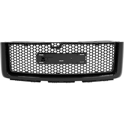Front Upper Grille & Lower Grill & Molding Compatible with 2007-2013 GMC Sierra 1500 Denali Front Bumper Center Hood Grill Painted Gloss Black 3PCS