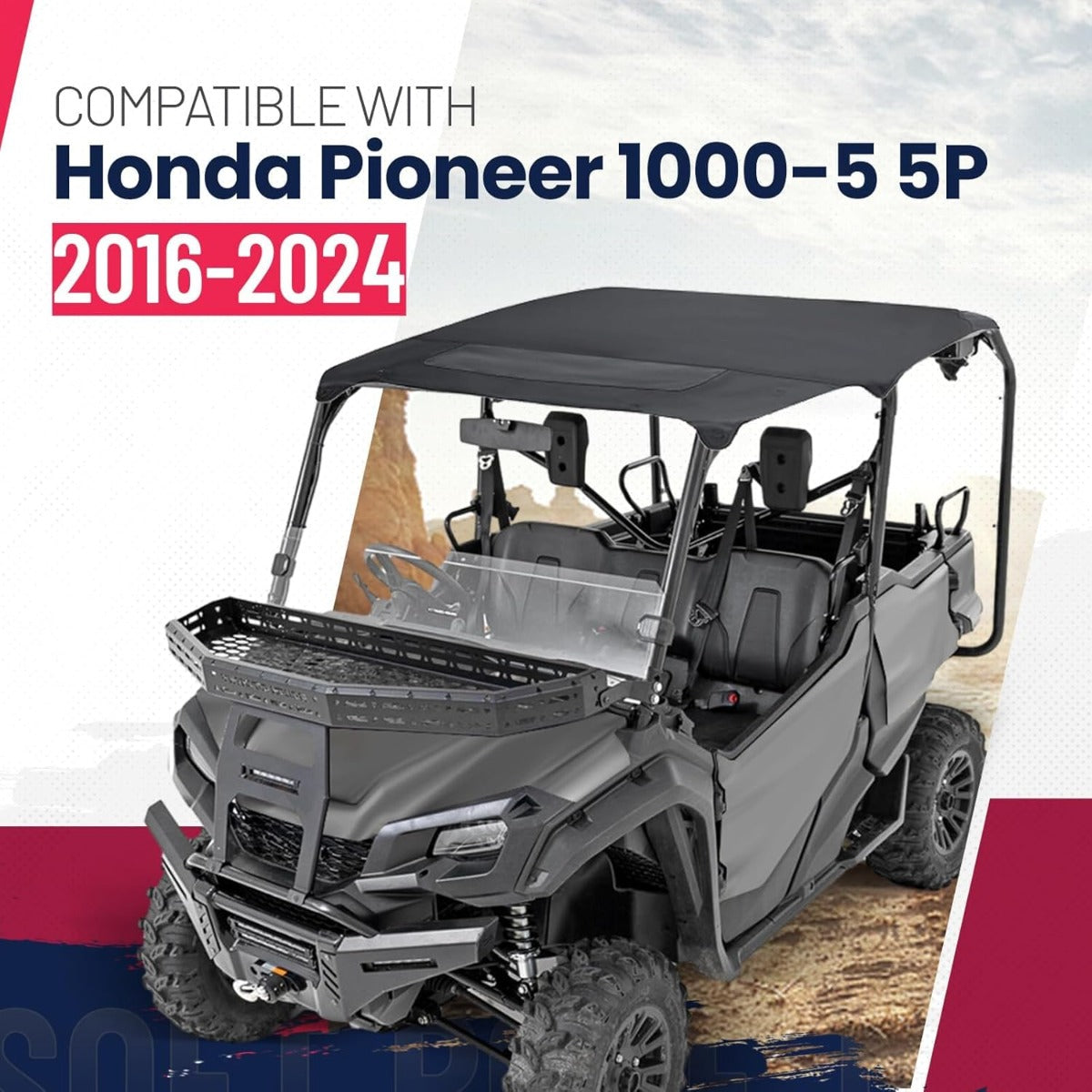 Soft Roof Top Compatible with 2016-2024 Honda Pioneer 1000-5 5P Roof Top with Zipper Mesh Window, Soft Top Sunshade UTV Accessories Shade Top Plastic Black