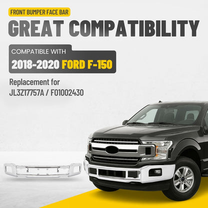 Front Bumper Face Bar Compatible with 2018-2020 Ford F-150 w/Fog Light Hole Bumper Impact Bar Replacement for JL3Z17757A FO1002430 Chrome Silvery Steel 3Pcs