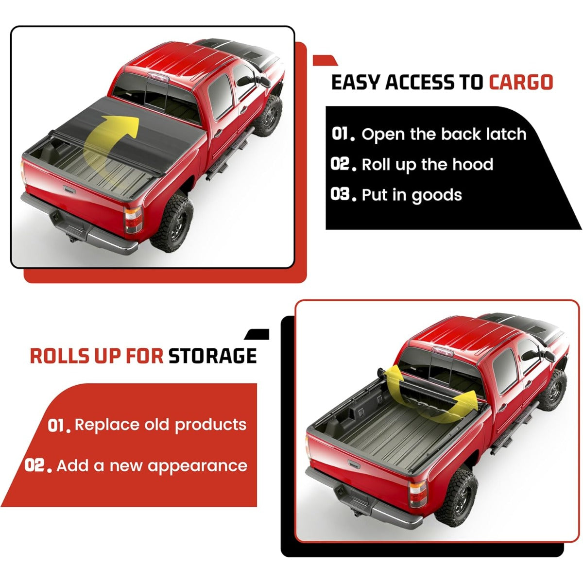 Roll-up Soft Truck Tonneau Cover Compatible with 2007-2014 Chevy Silverado 1500/ 2500HD/ 3500HD GMC Sierra with 6.5' Bed Black Sailcloth Fold Fits Fleetside/Styleside Models Only