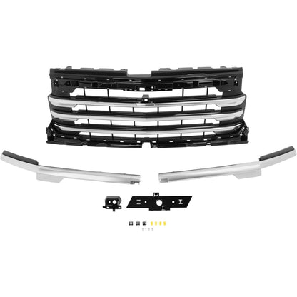 Front Grill Compatible with 2022-2024 Chevrolet Silverado 1500 High Country Front Bumper Grille Plastic(ABS) Painted+Chrome Black+Silvery Replacement for 84884906 85516948
