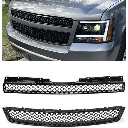 Upper & Lower Mesh Grille Compatible with 2007-2014 Chevy Chevrolet Avalanche Tahoe Suburban 1500 2500 Replacement for GM1200591 GM1200596 GM1200563 GM1200590 GM1200609 - Painted Black