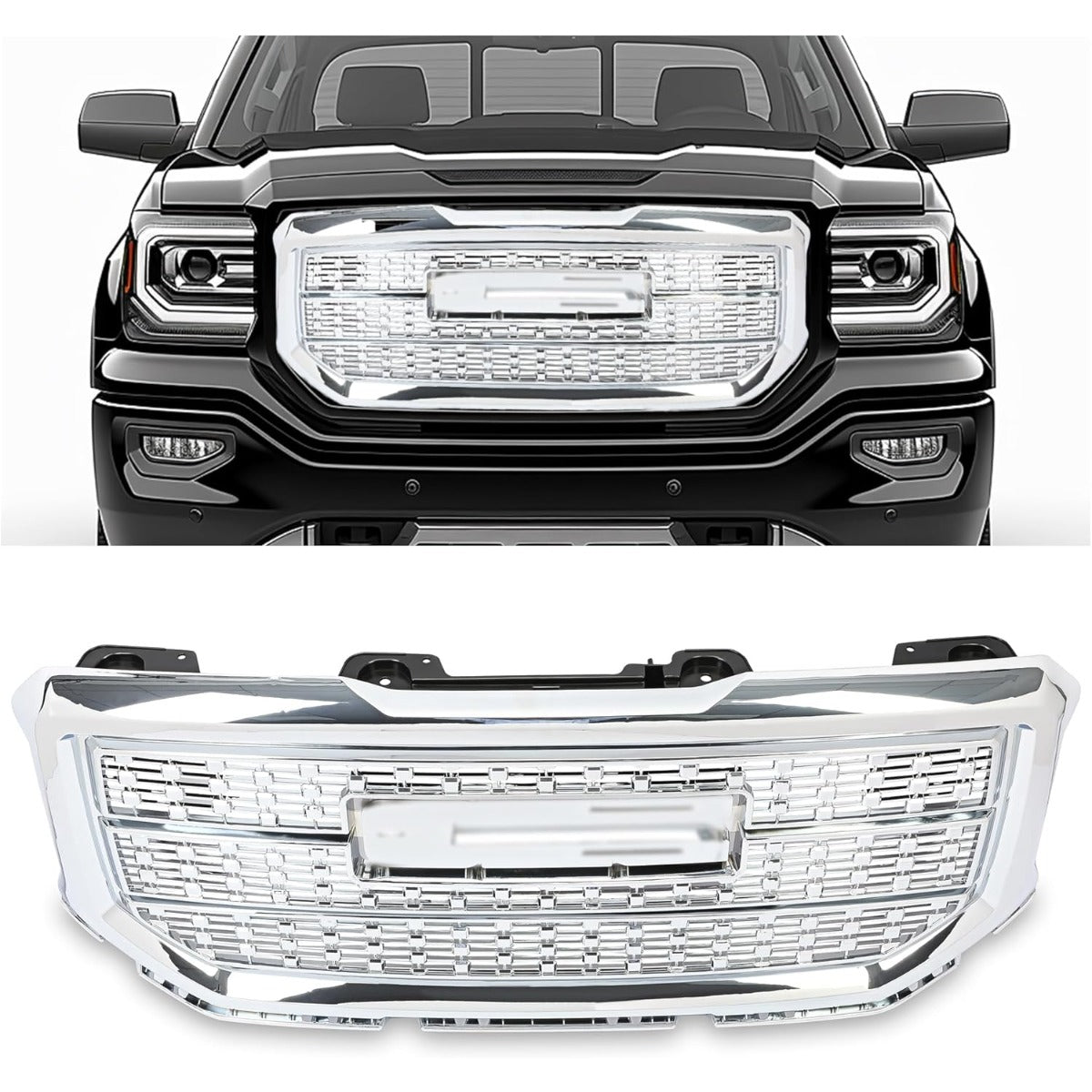 Front Upper Grille Compatible with 2016-2018 GMC Sierra 1500 Base SLE SLT Denali Style Chrome Bumper Hood Grill Silvery