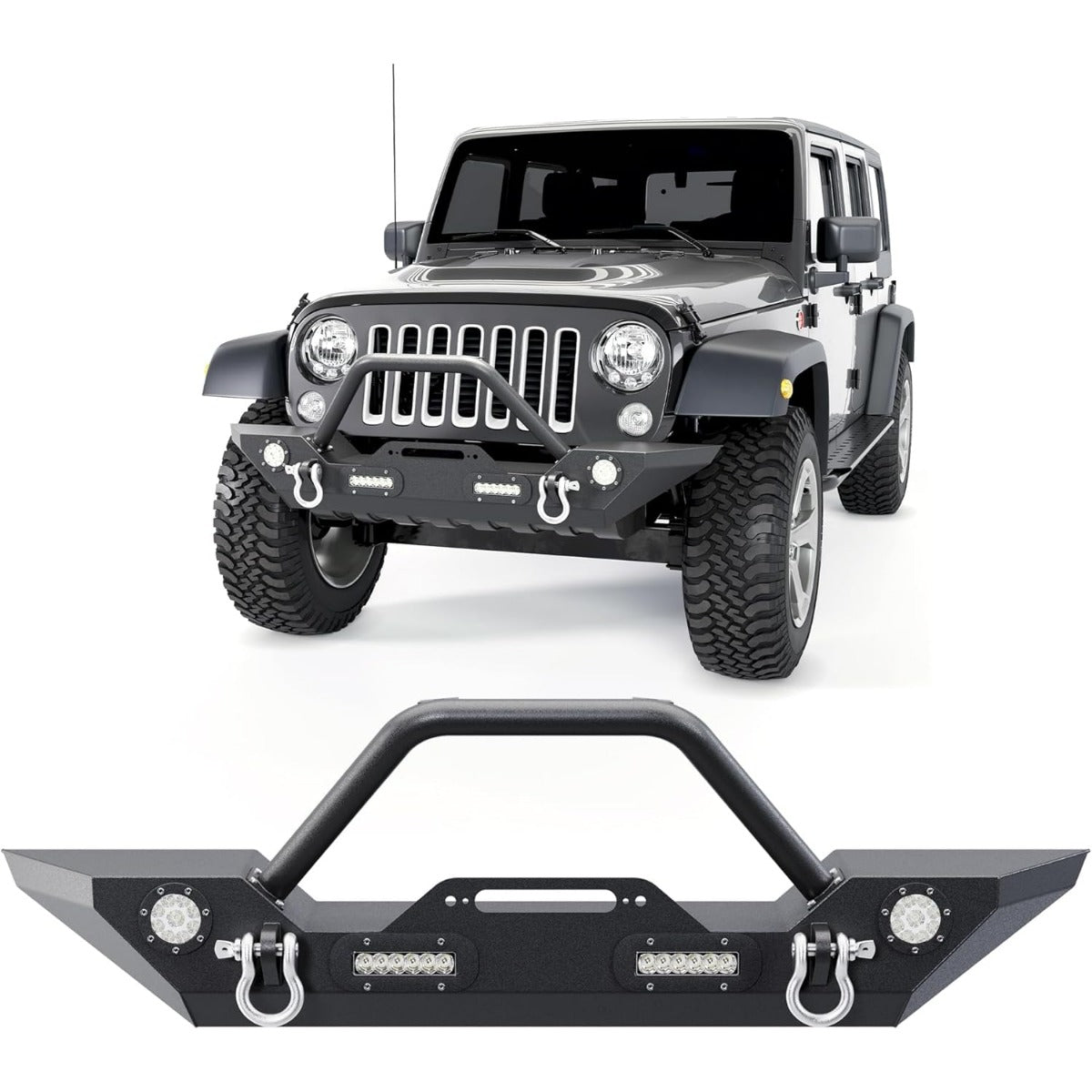 Front Bumper Compatible with 2007-2025 Wrangler Unlimited JL/JLU & Gladiator JT, 2007-2018 JK Front Bumper Rock Crawler Winch Plate W/Winch Plate & 2 18W LED Lights D-rings LYAM-302S