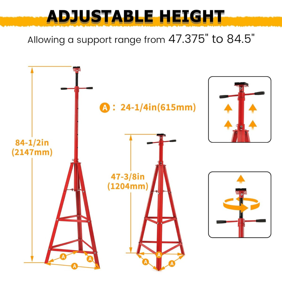 Adjustable Under Hoist Tripod Stand 2 Ton High Lift Jack Stand Reach Underhoist Support Stand 4000lbs Capacity Lift Stand for Car Lift High-Position Lift Range 47.4"-84.5"