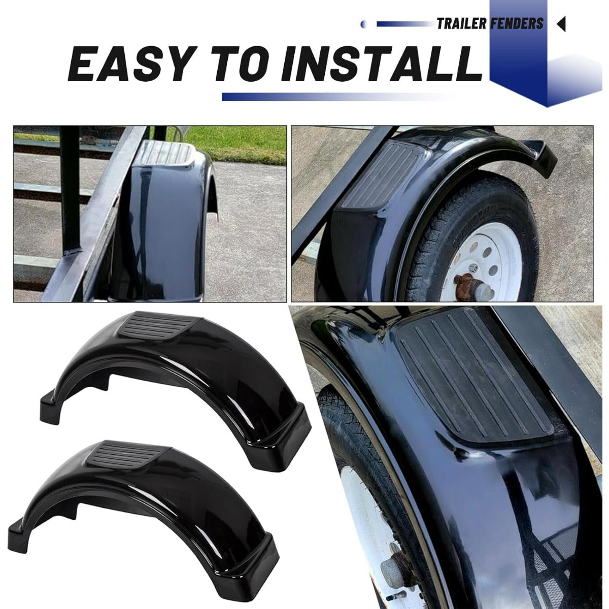 2 Pcs Trailer Fenders W/Steps Compatible with 13 Inches Diameter Wheels Tires Single-Axle Trailers Plastic Fenders Black LYAP-287S-2