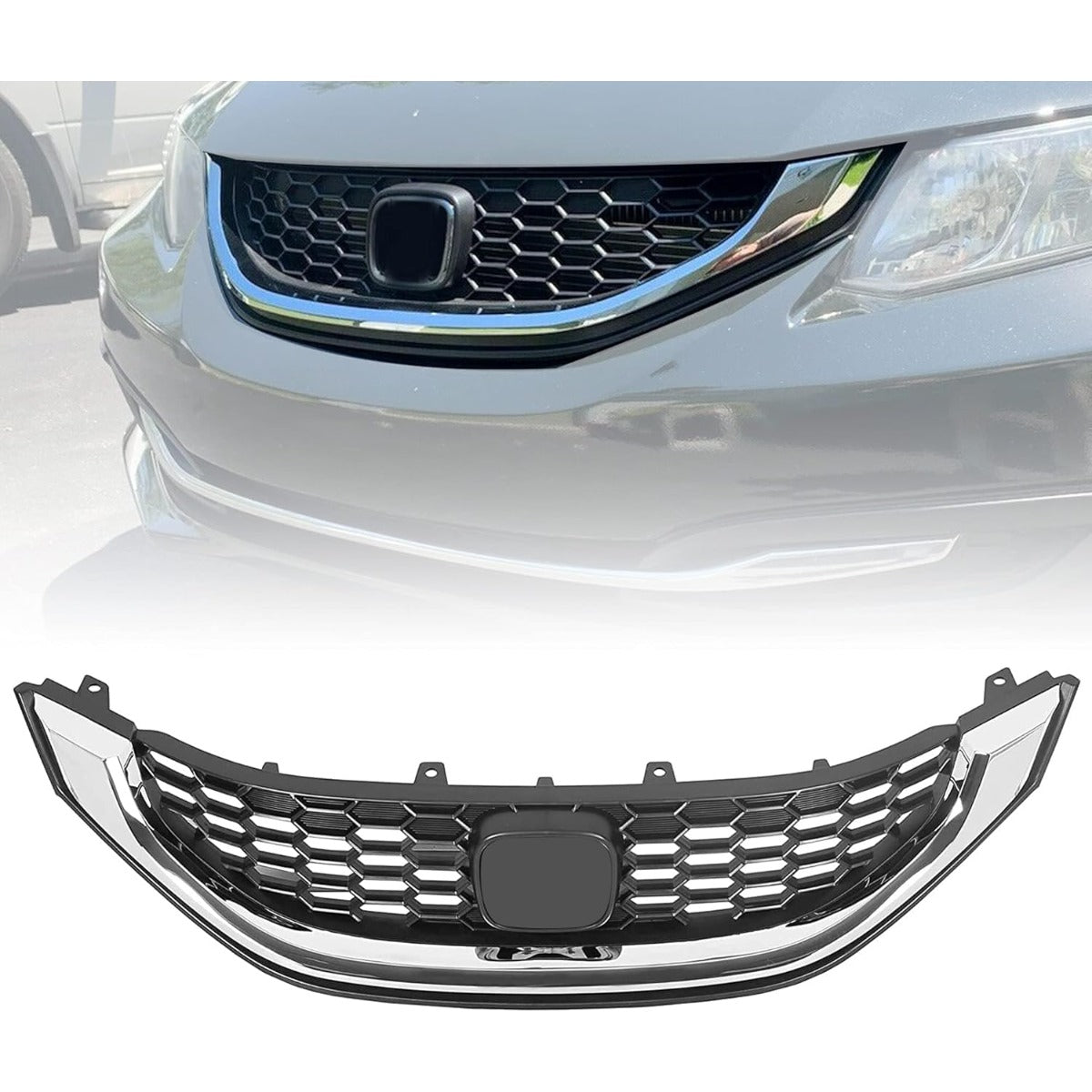 Front Grill Compatible with 2013 2014 2015 Honda Civic Sedan HO1200216 HO1202109 71121TR3A01 71122TR3A01 Front Bumper Hood Grille W/Chrome Molding