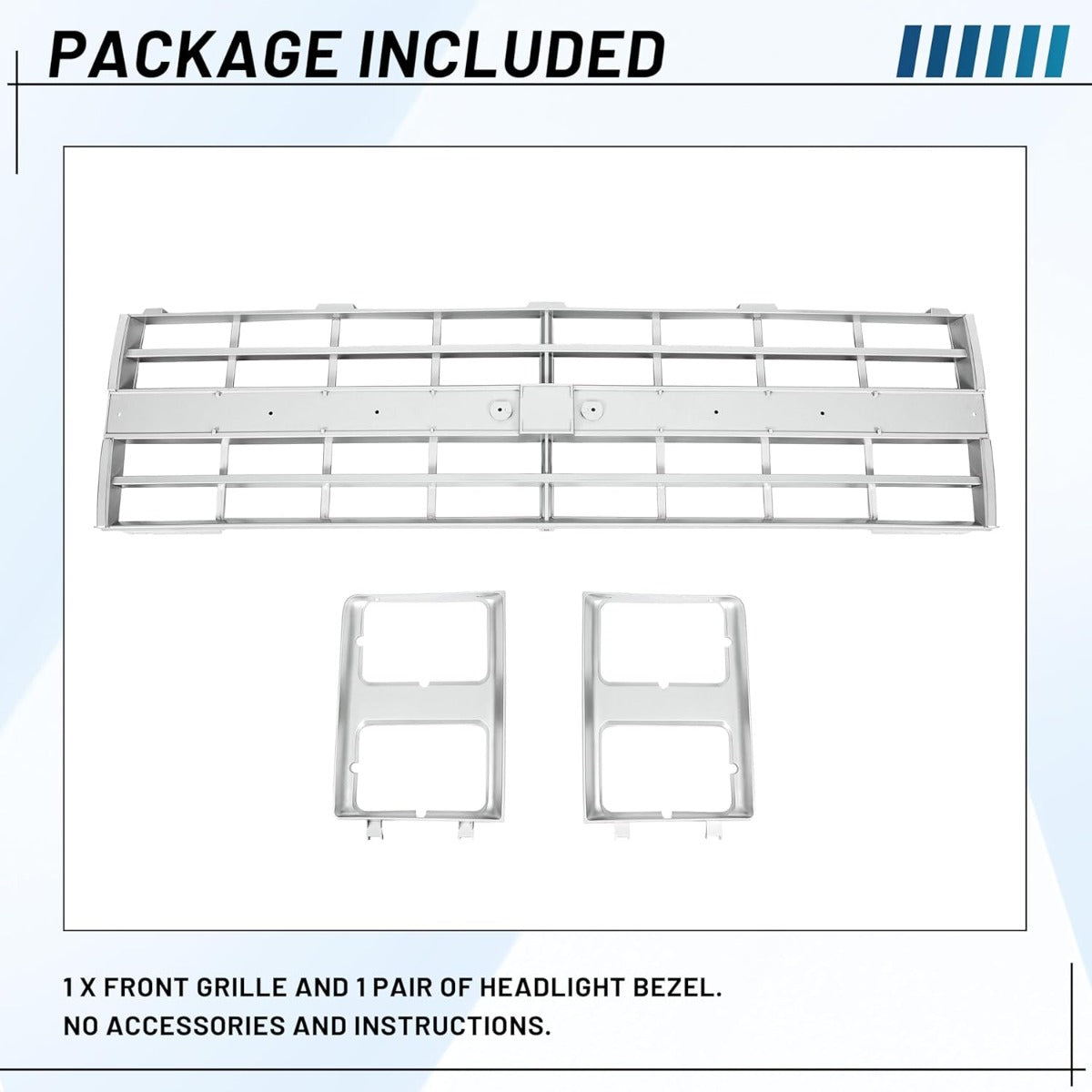Front Grille Grill & Headlight Bezel Compatible with 1985-1988 Chevy C10/C20/C30/K5/K10/K20/K30/R10/R20/R30/V10/V20/V30 Blazer Suburban 15598727 15598728 GM1200140 GM2513126 Chrome