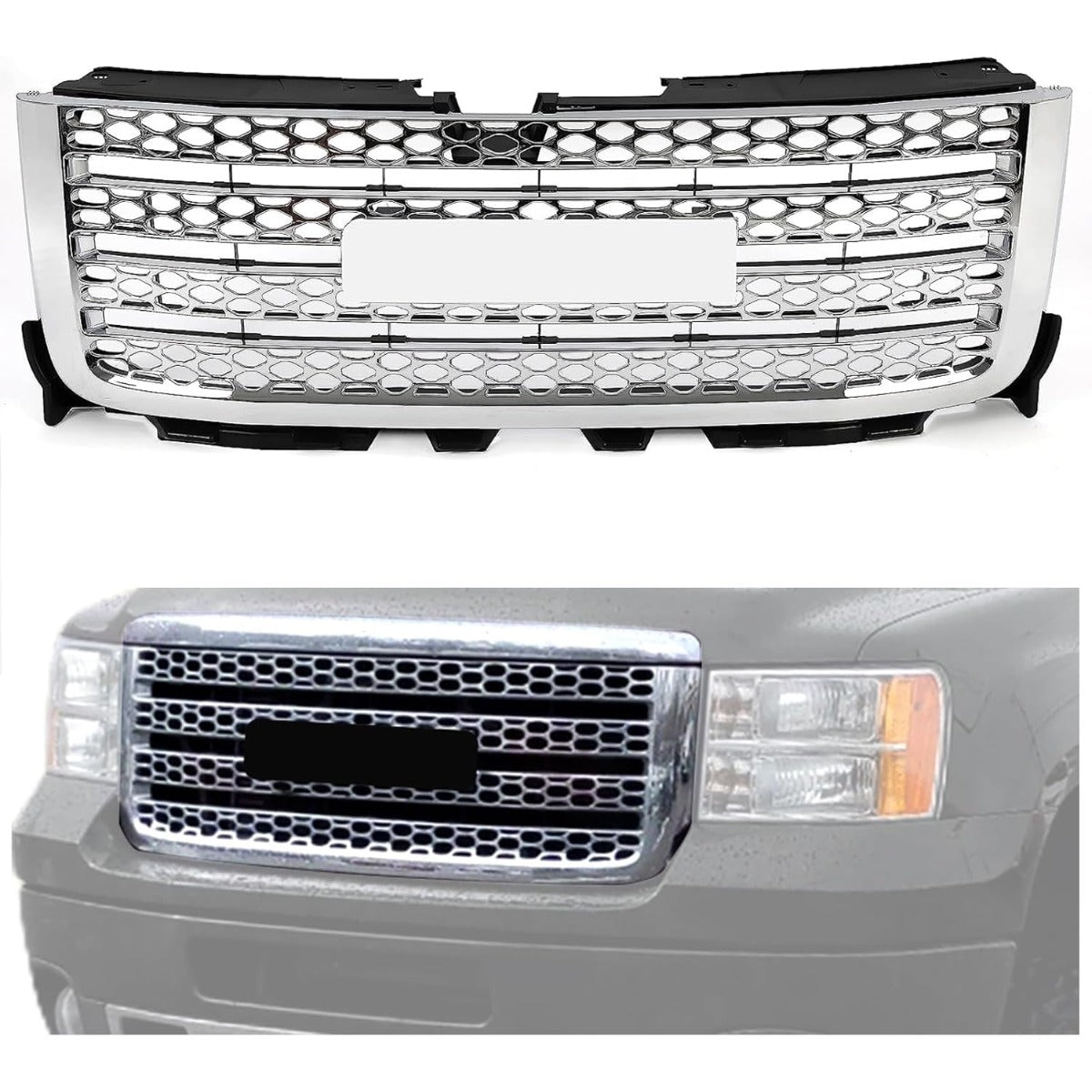 Front Bumper Grille Compatible with 2011-2014 GMC Sierra 2500 HD 3500 HD Replacement for GM1200633 20966057 Bumper Guard Grill W/O Emblem Plastic Chrome Silvery