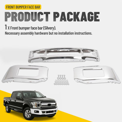 Front Bumper Face Bar Compatible with 2018-2020 Ford F-150 w/Fog Light Hole Bumper Impact Bar Replacement for JL3Z17757A FO1002430 Chrome Silvery Steel 3Pcs