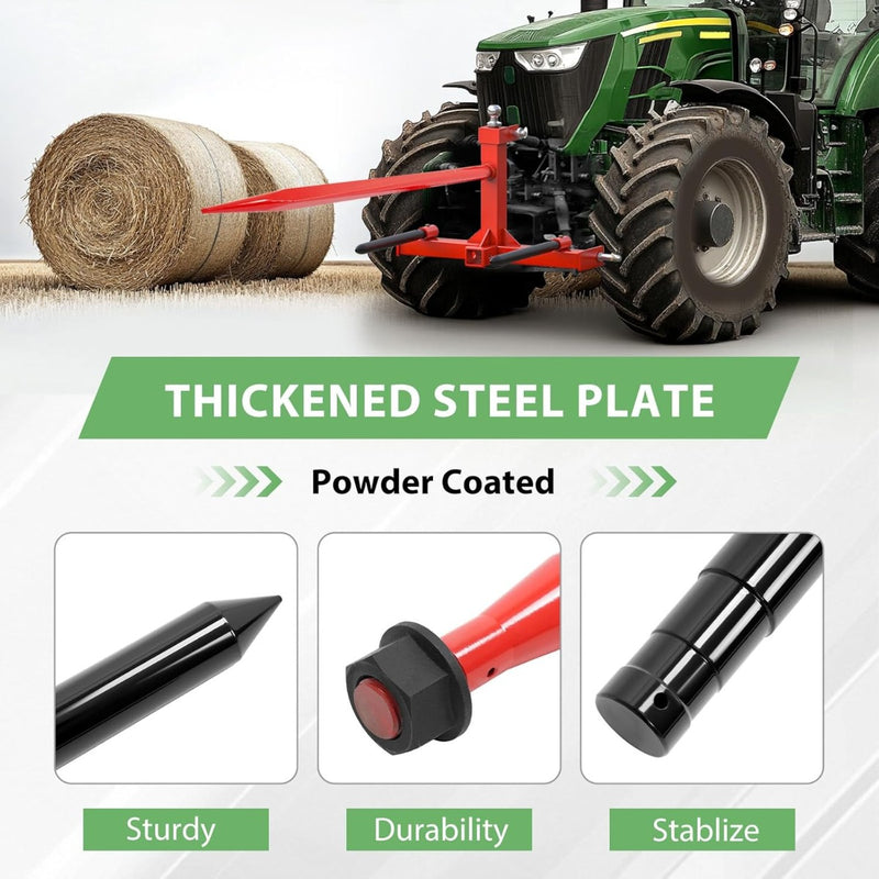 49" Hay Bale Spear 3000 lbs W/Stabilizers Pair Fit for Skid Steer Tractors Loaders Hay Bale Forks Tractor Attachment Quick Attach Spears 3PCS Red Steel
