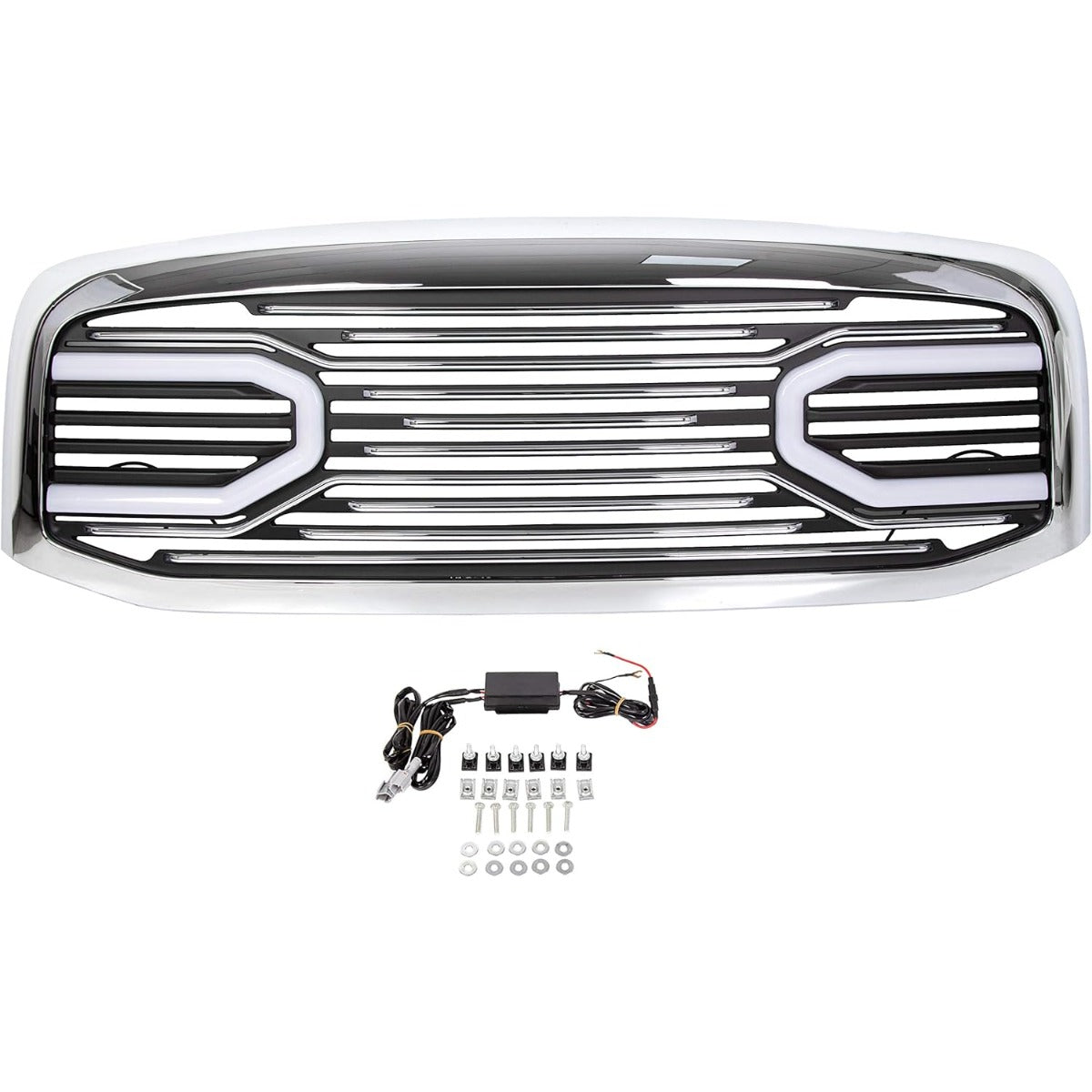 Front Horn Grille Grill W/Light Compatible with 2006-2009 Dodge RAM 2500 3500 2006-2008 Dodge RAM 1500 Chrome Replacement Shell