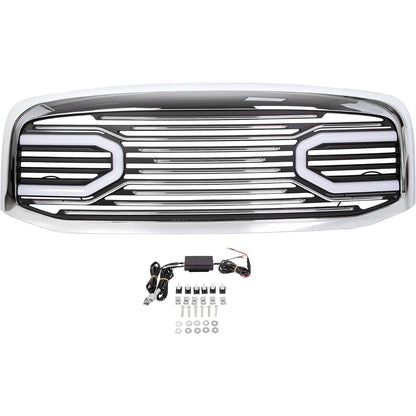 Front Horn Grille Grill W/Light Compatible with 2006-2009 Dodge RAM 2500 3500 2006-2008 Dodge RAM 1500 Chrome Replacement Shell