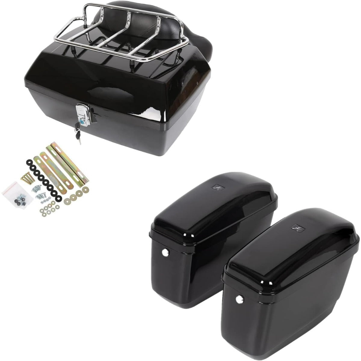 Universal Motorcycle Trunk Luggage Storage Box & Hard Saddle Bags Saddlebags w/Mounting Kit Compatible with Harley Davidson Honda Yamaha Suzuki Kawasaki Cruiser Shadow Vulcan - 2 Packages DMYS-B+GA-B