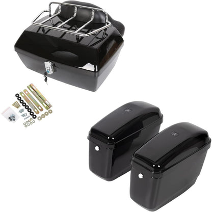 Universal Motorcycle Trunk Luggage Storage Box & Hard Saddle Bags Saddlebags w/Mounting Kit Compatible with Harley Davidson Honda Yamaha Suzuki Kawasaki Cruiser Shadow Vulcan - 2 Packages DMYS-B+GA-B
