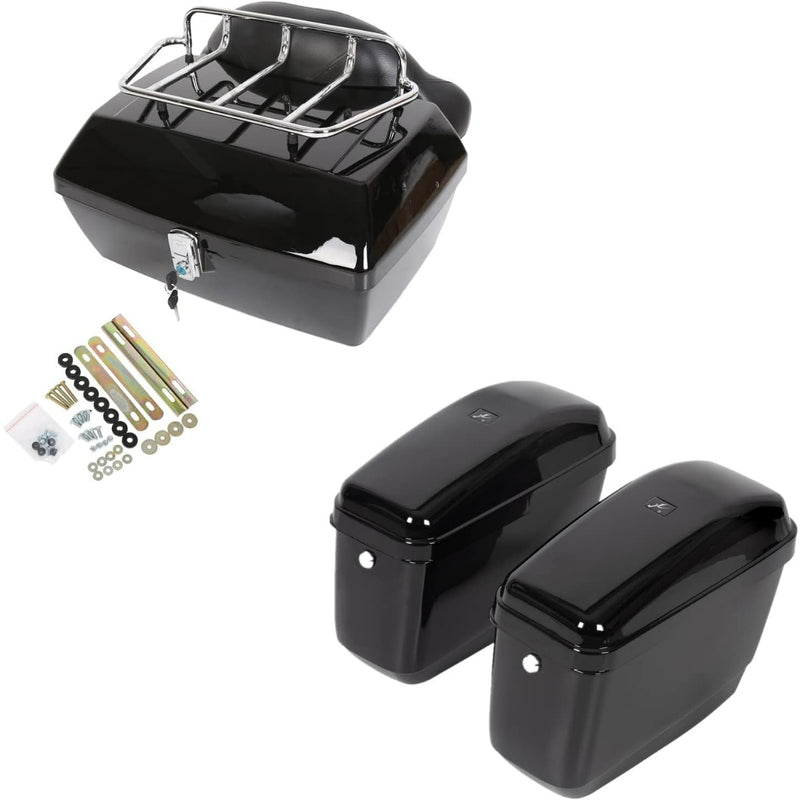 Universal Motorcycle Trunk Luggage Storage Box & Hard Saddle Bags Saddlebags w/Mounting Kit Compatible with Harley Davidson Honda Yamaha Suzuki Kawasaki Cruiser Shadow Vulcan - 2 Packages DMYS-B+GA-B