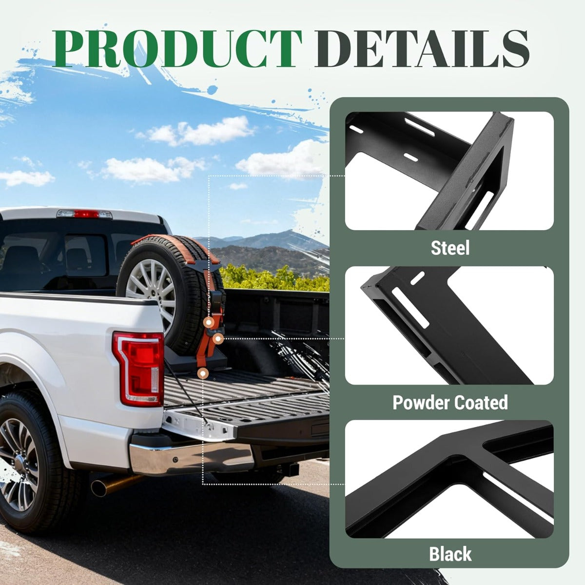 Adjustable Bed Mount Spare Tire Carrier Compatible with 2004-2024 Ford F-150 GMC Sierra 1500 Chevrolet Silverado 1500 Toyota Tacoma Nissan Titan Ram 1500 Pickup Trucks Fits Tires 33" to 40"